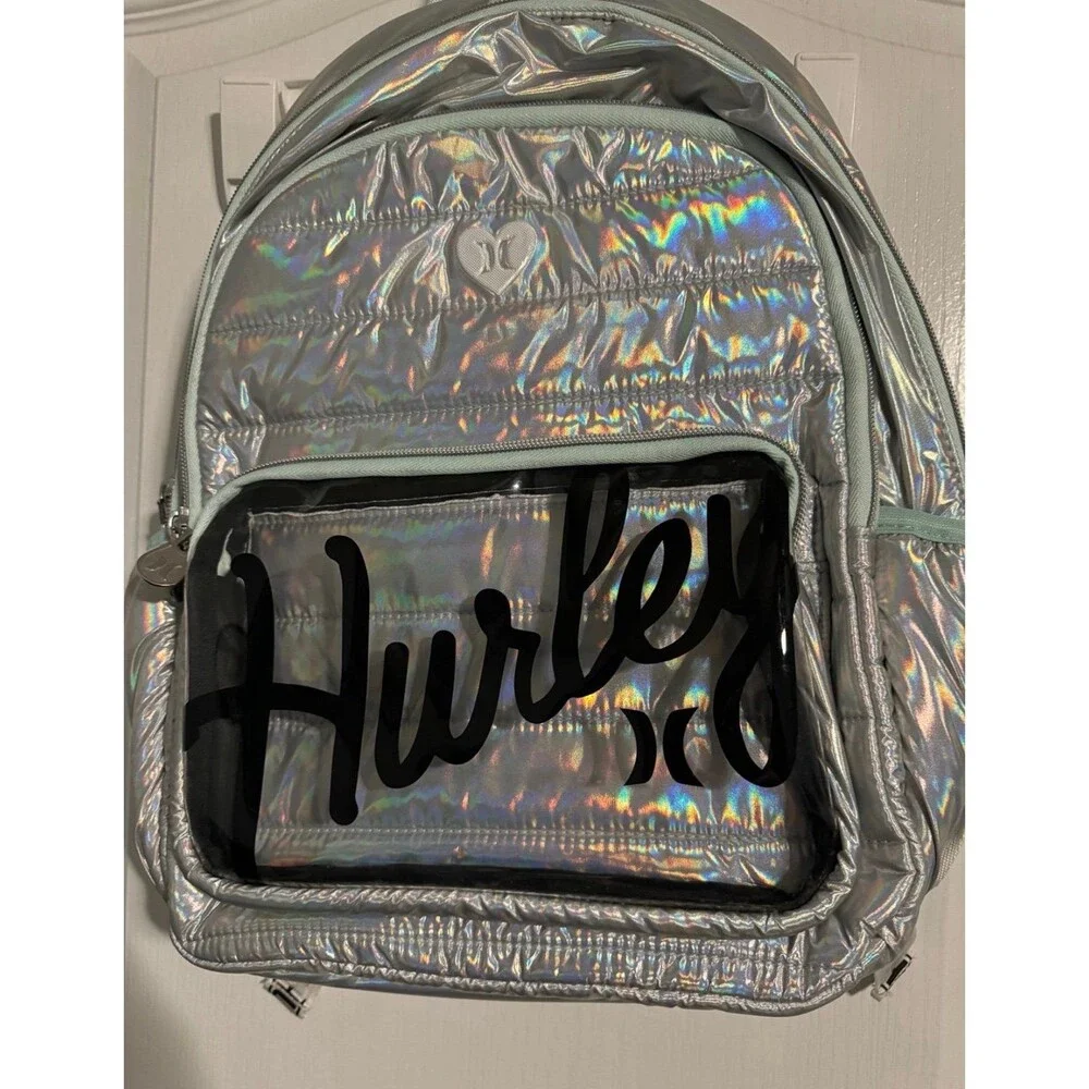 NEW Hurley Iridescent Backpack Back Pack to School Book Bag Clear Pencil Pocket